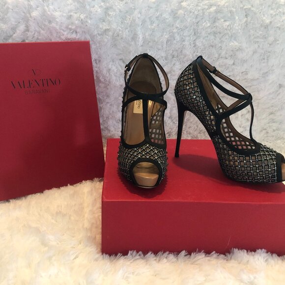 Valentino Heels, black satin with crystals - Picture 1 of 7